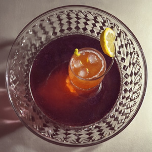 An image of the Anyone's Shadow cocktail submitted by Toby that contains Rye Whiskey, Smith & Cross, Amaro Meletti, Benedictine DOM and Lemon