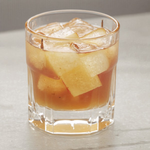 An image of the Smoked Apple-Cinnamon Old Fashioned cocktail submitted by Toby that contains Apple Brandy, Cognac, Cinnamon Syrup, Angostura Bitters and Cinnamon