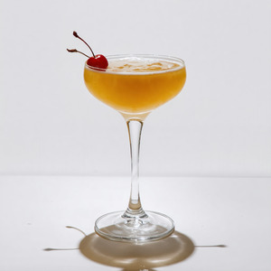 An image of the The Secret Cocktail cocktail submitted by Toby that contains London Dry Gin, Applejack, Lemon, Egg, Grenadine and Cocktail Cherry