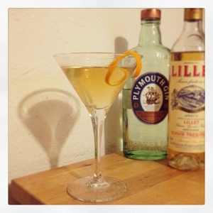 An image of the Albert Mathieu cocktail submitted by Toby that contains London Dry Gin, Lillet Blanc, Green Chartreuse, St Germain, Orange Bitters and Orange