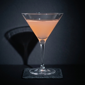 An image of the Augusta cocktail submitted by Toby that contains Bourbon, Strawberry Infused Vermouth and Crème de Cacao Blanc