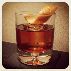 An image of the Basilica cocktail submitted by Toby that contains Cocchi Americano, Sweet Vermouth, Suze, Turin Bitters and Orange Bitters