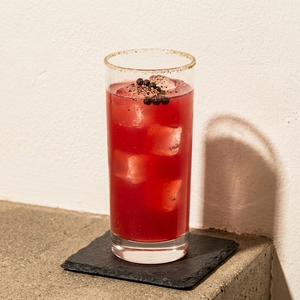 An image of the Beetroot Bloody Mary cocktail submitted by Toby that contains Beetroot Juice, Plain Vodka, Lemon, Agave Syrup, Manzanilla Sherry, Pepper and Celery Salt