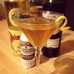 An image of the Bird's Eye View cocktail submitted by Toby that contains Bourbon, Ramazzotti, Sweet Vermouth, Yellow Chartreuse and Lemon