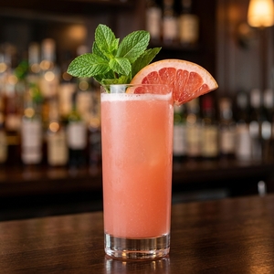 An image of the Bitter & Twisted cocktail submitted by Toby that contains Pink Grapefruit, Turin Bitters, London Dry Gin, Simple Syrup, Lime, Passion Fruit Purée, Pink Grapefruit and Mint