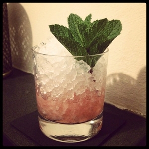 An image of the Blackbeard cocktail submitted by Toby that contains London Dry Gin, Aquavit, Pineapple Juice, Lemon, Agave Syrup, Blackberries and Mint