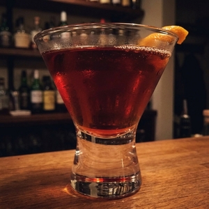 An image of the Bloodhound #2 cocktail submitted by Toby that contains London Dry Gin, Sweet Vermouth, Dry Vermouth, Maraschino Liqueur and Strawberries