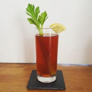 An image of the Bloody Mary cocktail submitted by Toby that contains Tomatoe Juice, Vodka, Lemon, Black Pepper, Salt, Horseradish, Worcestershire Sauce, Hot Sauce, Lemon and Celery