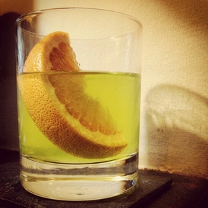 An image of the Blue Point cocktail submitted by Toby that contains Bourbon, Olorosso Sherry, Punt e Mes, Yellow Chartreuse, The Bitter Truth Jerry Thomas' Own Decanter Bitter and Grapefruit