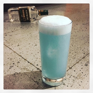 An image of the Blueberry-Cucumber Cooler cocktail submitted by Toby that contains Vodka, Blueberry Preserve, Orgeat Syrup, Lemon, Cucumber and Soda Water