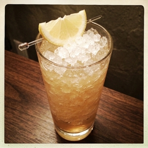 An image of the Campari Swizzle cocktail submitted by Toby that contains Turin Bitters, Agricole Rhum, Falernum, Sweet Vermouth, Lemon and Lemon