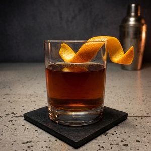 An image of the Catedratico cocktail submitted by Toby that contains Olorosso Sherry, Old Tom Gin, Maraschino Liqueur, Demerara Syrup, The Bitter Truth Jerry Thomas' Own Decanter Bitter and Orange