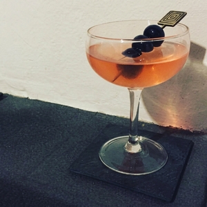An image of the Cherry Brandy & Elderflower Cocktail cocktail submitted by Toby that contains Kirschwasser, Cocchi Americano, St Germain and Cocktail Cherry