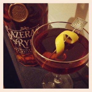 An image of the Chicago Typewriter cocktail submitted by Toby that contains Genever, Rye Whiskey, Punt e Mes, Aperol, Angostura Bitters and Lemon