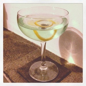 An image of the Chin Up cocktail submitted by Toby that contains London Dry Gin, Dry Vermouth, Cynar, Cucumber and Lemon