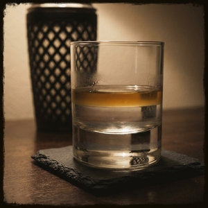 An image of the Darkness til Dawn cocktail submitted by Toby that contains Apple Brandy, Cherry Brandy, Fernet Branca and Lemon