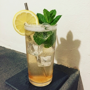 An image of the Elderflower Collins cocktail submitted by Toby that contains London Dry Gin, Elderflower Cordial, Lemon, Lemon Soda, Lemon and Mint
