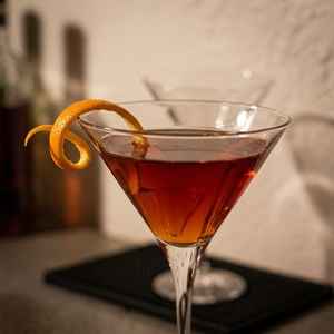 An image of the Good Buddy cocktail submitted by Toby that contains Bourbon, Bianco Vermouth, Turin Bitters, Orange Bitters and Orange