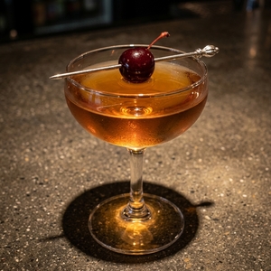 An image of the Hallelujah Cocktail cocktail submitted by Toby that contains Cognac, Lime, Sweet Vermouth, Gold Rum, Grenadine and Cocktail Cherry