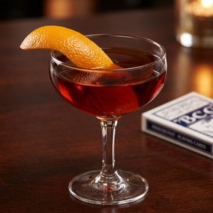 An image of the Hanky Panky cocktail submitted by Toby that contains Sweet Vermouth, London Dry Gin, Genever, Fernet Branca and Orange