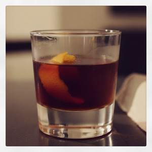 An image of the I Couldn't Think Of A Name For This cocktail submitted by Toby that contains Mezcal, Punt e Mes, Cynar, Benedictine DOM, Orange Bitters, Xocolatl Mole Bitters and Orange
