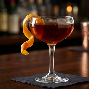 An image of the I Couldn't Think Of A Name For This cocktail submitted by Toby that contains Mezcal, Punt e Mes, Cynar, Benedictine DOM, Orange Bitters, Xocolatl Mole Bitters and Orange