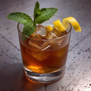 An image of the Island Old Fashioned cocktail submitted by Toby that contains Gold Rum, Falernum, Sugar Cane Syrup, Angostura Bitters and Lemon