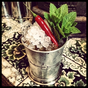 An image of the Julep en Fuego cocktail submitted by Toby that contains Bourbon, Smith & Cross, Mint Syrup, Angostura Bitters, Cholula Hot Sauce, Chilli Pepper, Mint and Mint