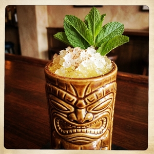 An image of the Jungle Madness cocktail submitted by Toby that contains Spiced Rum, Pineapple Juice, Coffee Liqueur, Crème de Cacao Blanc, Green Chartreuse, Angostura Bitters, Nutmeg and Mint