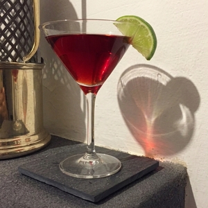 An image of the Libation Goddess cocktail submitted by Toby that contains London Dry Gin, Crème de Cacao Blanc, Cranberry Juice and Lime