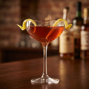 An image of the Midnight Marauder #2 cocktail submitted by Toby that contains Rye Whiskey, Sweet Vermouth, Coffee Liqueur, Mezcal and Lemon