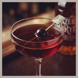 An image of the My Black & Bitter Heart cocktail submitted by Toby that contains Rye Whiskey, Cognac, Punt e Mes, Turin Bitters, Coffee Liqueur, Angostura Bitters and Cocktail Cherry