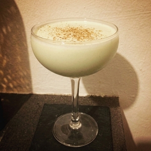 An image of the New York Flip cocktail submitted by Toby that contains Bourbon, Cream, Simple Syrup, Egg, LBV Port and Nutmeg