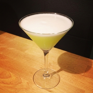 An image of the Perfect Pear cocktail submitted by Toby that contains Pear Brandy, Lemon, Orange, Simple Syrup, Caster Sugar and Lemon