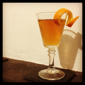 An image of the Ritz Cocktail cocktail submitted by Toby that contains Cognac, Cointreau, Maraschino Liqueur, Lemon, Champagne and Orange
