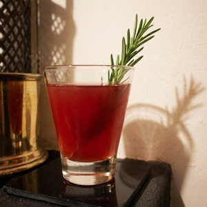 An image of the Sleepy Resurrection Cocktail cocktail submitted by Toby that contains London Dry Gin, Rhubarb Purée, Lemon, Benedictine DOM, Lillet Blanc, Soda Water and Rosemary