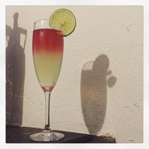 An image of the Somerville 75 cocktail submitted by Toby that contains London Dry Gin, Lime, Green Chartreuse, Sparkling Wine and Lime