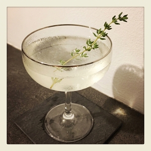 An image of the Thyme Out cocktail submitted by Toby that contains London Dry Gin, Yellow Chartreuse, Lemon, Agave Nectar, Orange Bitters and Thyme
