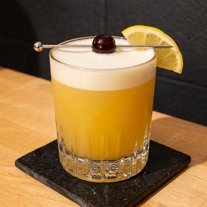 An image of the Umeshu Sour cocktail submitted by Toby that contains Sake, Lemon, Simple Syrup, Egg, Lemon and Cocktail Cherry