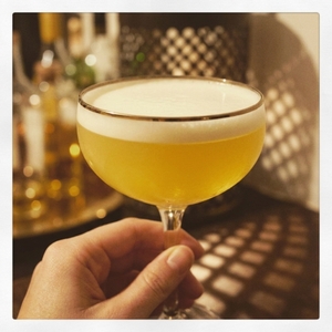 An image of the Up, Up and Away cocktail submitted by Toby that contains London Dry Gin, Lemon, Bianco Vermouth, Egg, Cucumber, Raspberries and Caster Sugar