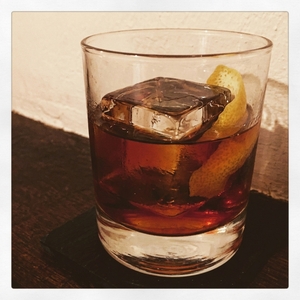 An image of the Western Front cocktail submitted by Toby that contains Genever, Ramazzotti, Aperol, Maple Syrup, Peychauds Bitters, Angostura Bitters and Lemon
