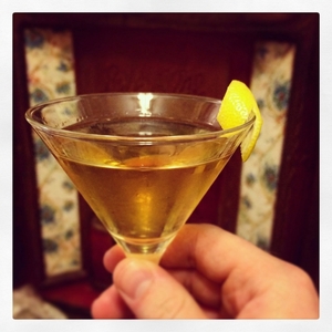 An image of the Whiz Bang Cocktail cocktail submitted by Toby that contains Blended Scotch, Dry Vermouth, Absinthe, Orange Bitters and Grenadine